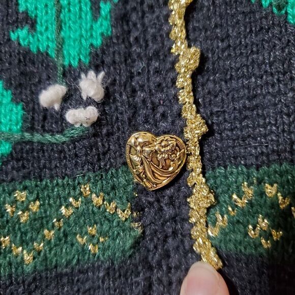 Vintage Holiday Cardigan Sweater Size M Winter Poinsettia Hand Knit Womens - Picture 4 of 14